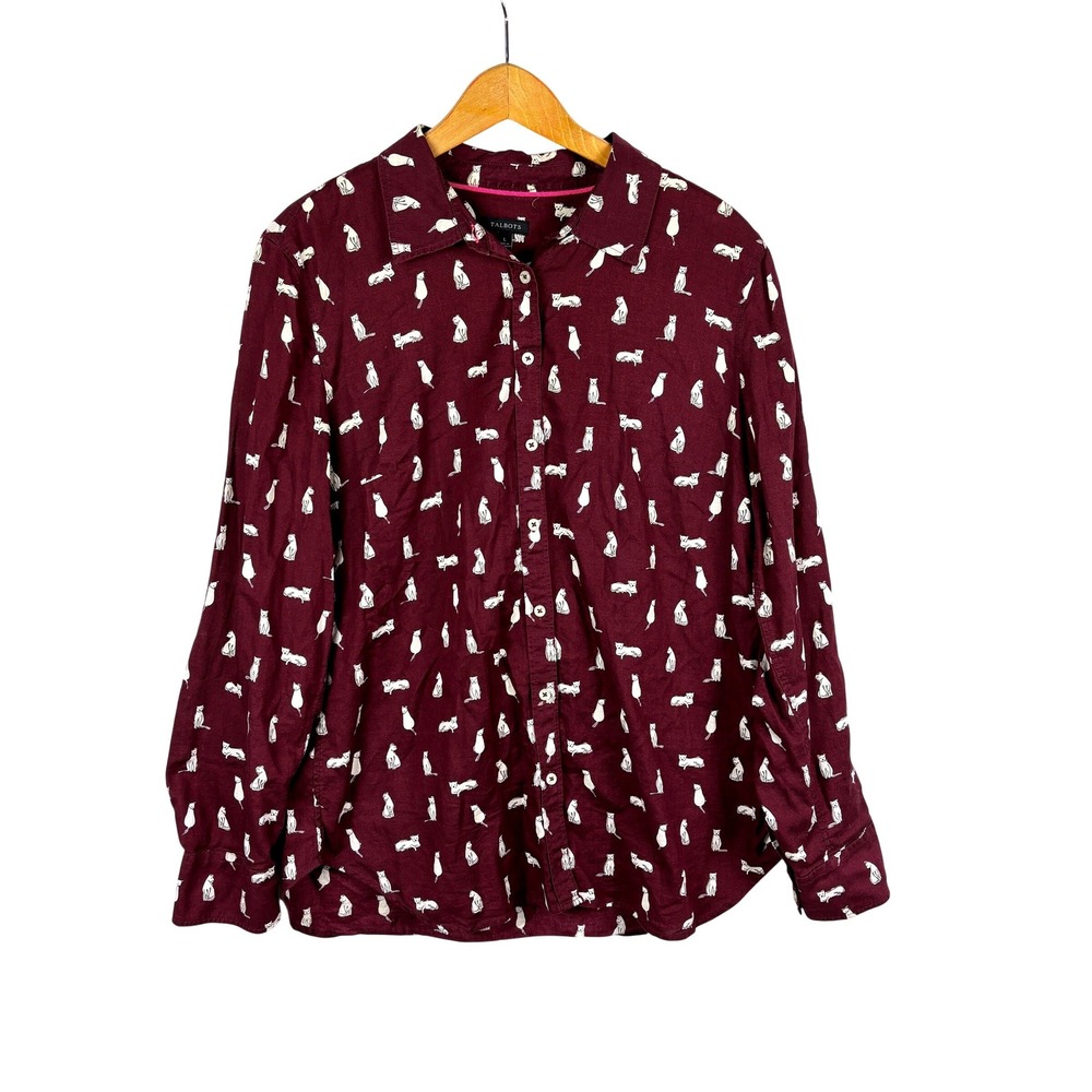 Talbots Womens Long Sleeve Burgundy Cat Cotton Button Down Shirt Sz L Novelty